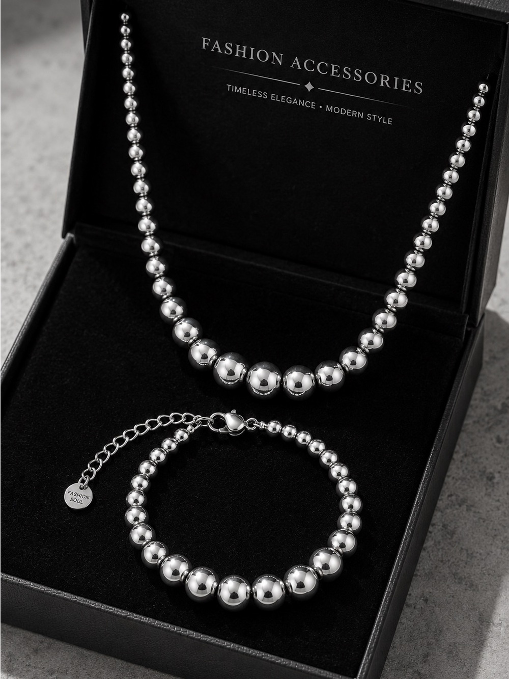Polished Silver tone Bead Necklace and Bracelet Set